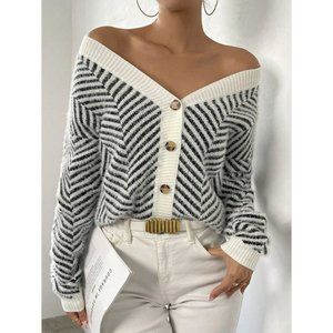 Contemporary Striped Pattern Button Front Drop Shoulder Cardigan